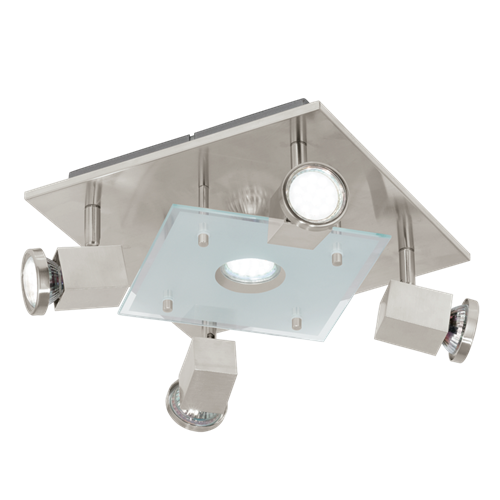 Pawedo LED spotlampe i metal Satin Nikkel glas i Satineret Hvid og Klar, 5x3,3W LED, længde 27 cm, bredde 27 cm.
